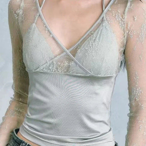 Load image into Gallery viewer, Y2k Aesthetic Lace Patchwork Crop Top Vintage Harajuku V Neck Bandage T-shirts Streetwear See Through Slim Fit Grunge Tees Women
