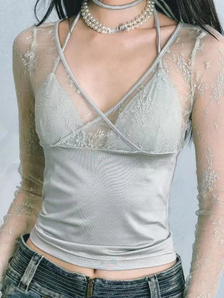 Y2k Aesthetic Lace Patchwork Crop Top Vintage Harajuku V Neck Bandage T-shirts Streetwear See Through Slim Fit Grunge Tees Women