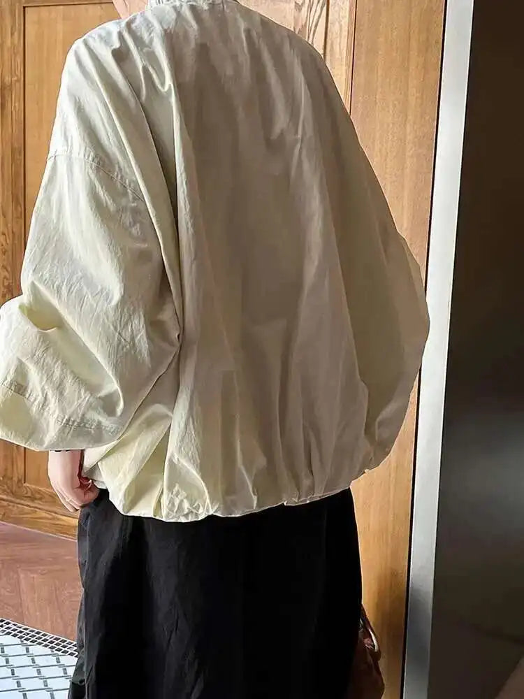 Apricot Pleated Big Size Elegant Jacket New Stand Collar Long Sleeve Women Coat Fashion Tide Spring Autumn 2025 1DH6940