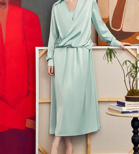 Solid Spliced Folds Temperament Dresses for Women V Neck Long Sleeves Tunic Casual Dress Female Fashion Clothes New