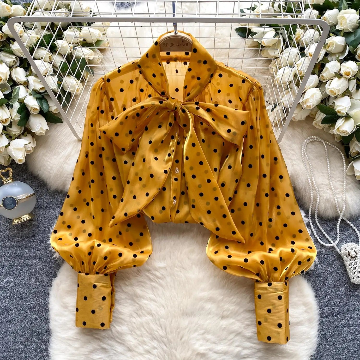 Autumn Women's Vintage Festival Polka Dots Single Breasted Shirt Elegant Sweet Bow Long Sleeve Loose Office Ladies Blouses Tops