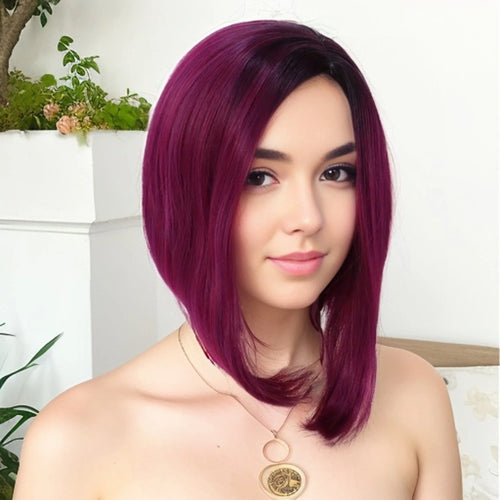 Load image into Gallery viewer, Synthetic Burgundy Wig for Woman Short Bob Wig Haircut Soft Straight Hairstyle Purple Red Ombre Wigs Natural Looking
