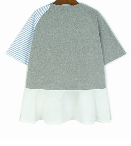 Women Gray Striped Color-block Big Size T-shirt New Round Neck Short Sleeve Fashion Tide Spring Summer 2025 1DJ0589