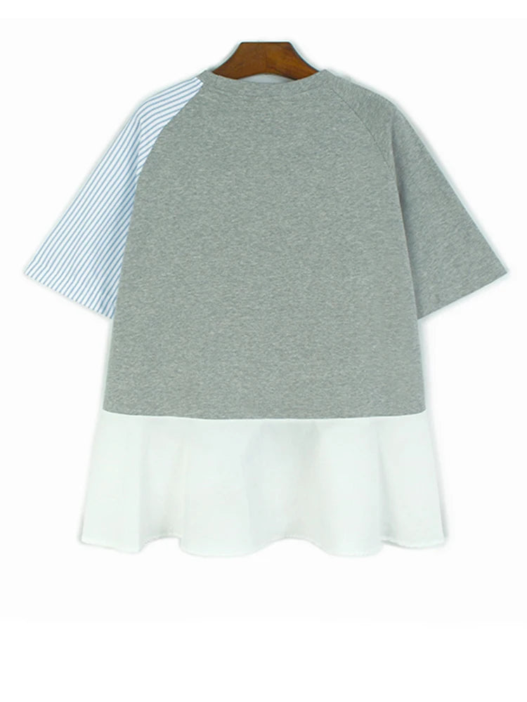Women Gray Striped Color-block Big Size T-shirt New Round Neck Short Sleeve Fashion Tide Spring Summer 2025 1DJ0589