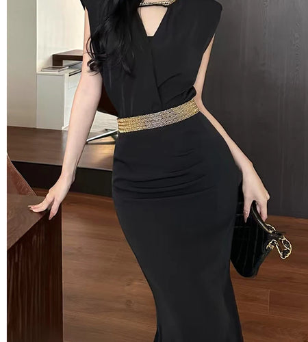 Solid Temperament Two Piece Set For Women V Neck Sleeveless Top High Waist Slimming Skirt Elegant Sets Female New