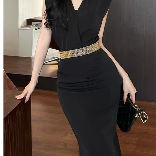 Load image into Gallery viewer, Solid Temperament Two Piece Set For Women V Neck Sleeveless Top High Waist Slimming Skirt Elegant Sets Female New
