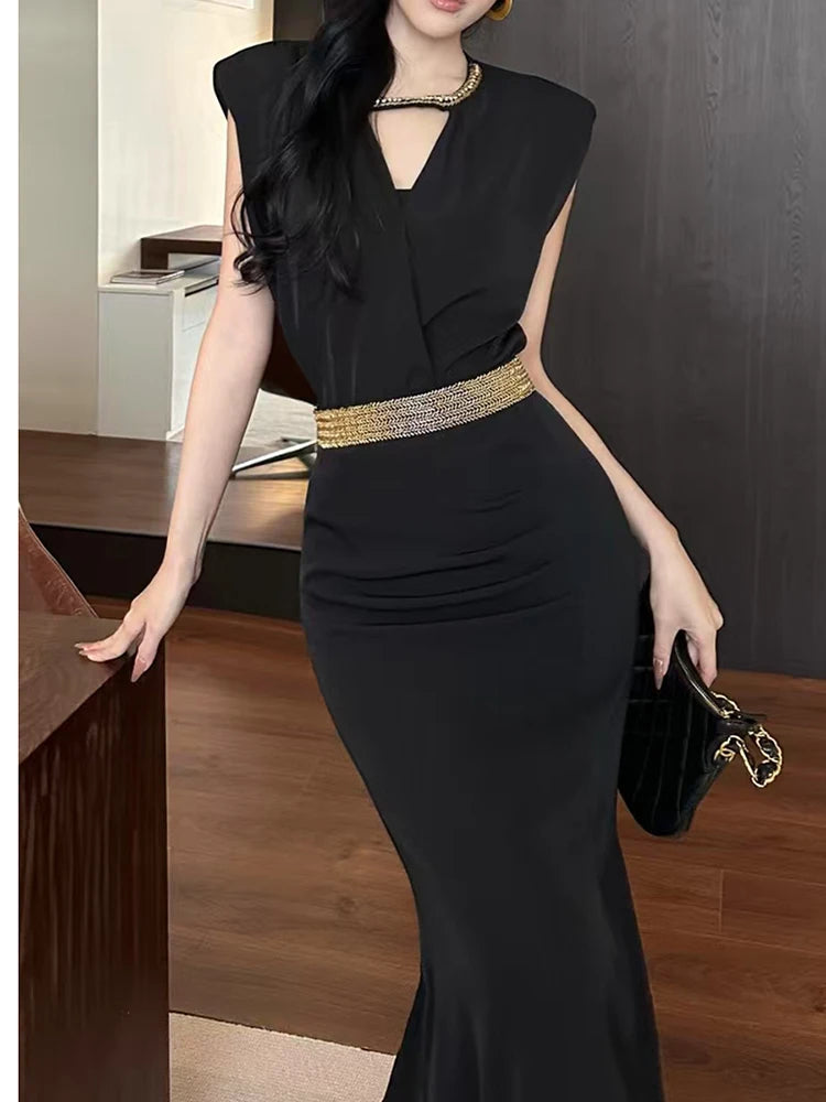 Solid Temperament Two Piece Set For Women V Neck Sleeveless Top High Waist Slimming Skirt Elegant Sets Female New