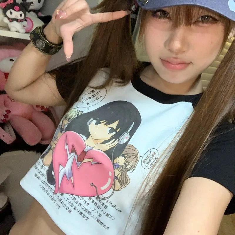 Japanese Y2k Anime Print Crop Top Trashy 2000s Graphic T Shirts Harajuku Short Sleeve Patchwork T-shirt Korean Popular