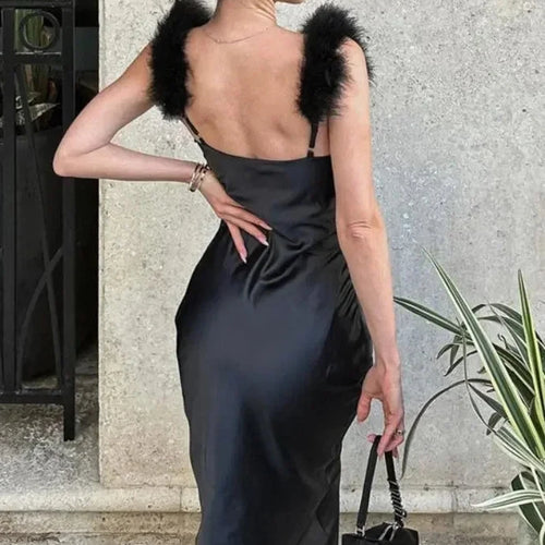 Load image into Gallery viewer, Summer Elegant Black Party Dresses for Women 2023 Luxury Feather Strap Backless Maxi Dress Night Club Outfits C70-CI17
