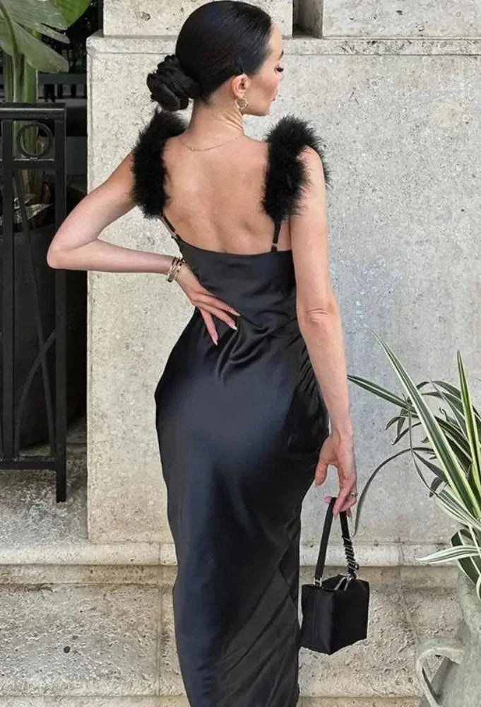 Summer Elegant Black Party Dresses for Women 2023 Luxury Feather Strap Backless Maxi Dress Night Club Outfits C70-CI17