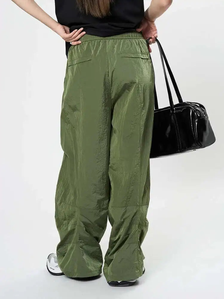 High Elastic Waist Glossy Green Pleated Long Wide Leg Pants New Trousers Women Fashion Tide Spring Autumn 2025 1DH9457