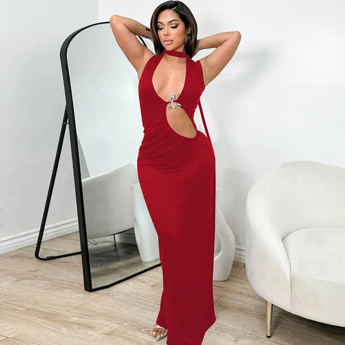 Load image into Gallery viewer, Hollow Out Halter Sexy Maxi Dress Women Summer New Metal Decoration Sleeveless Slim High Waist Long Dress Elegant

