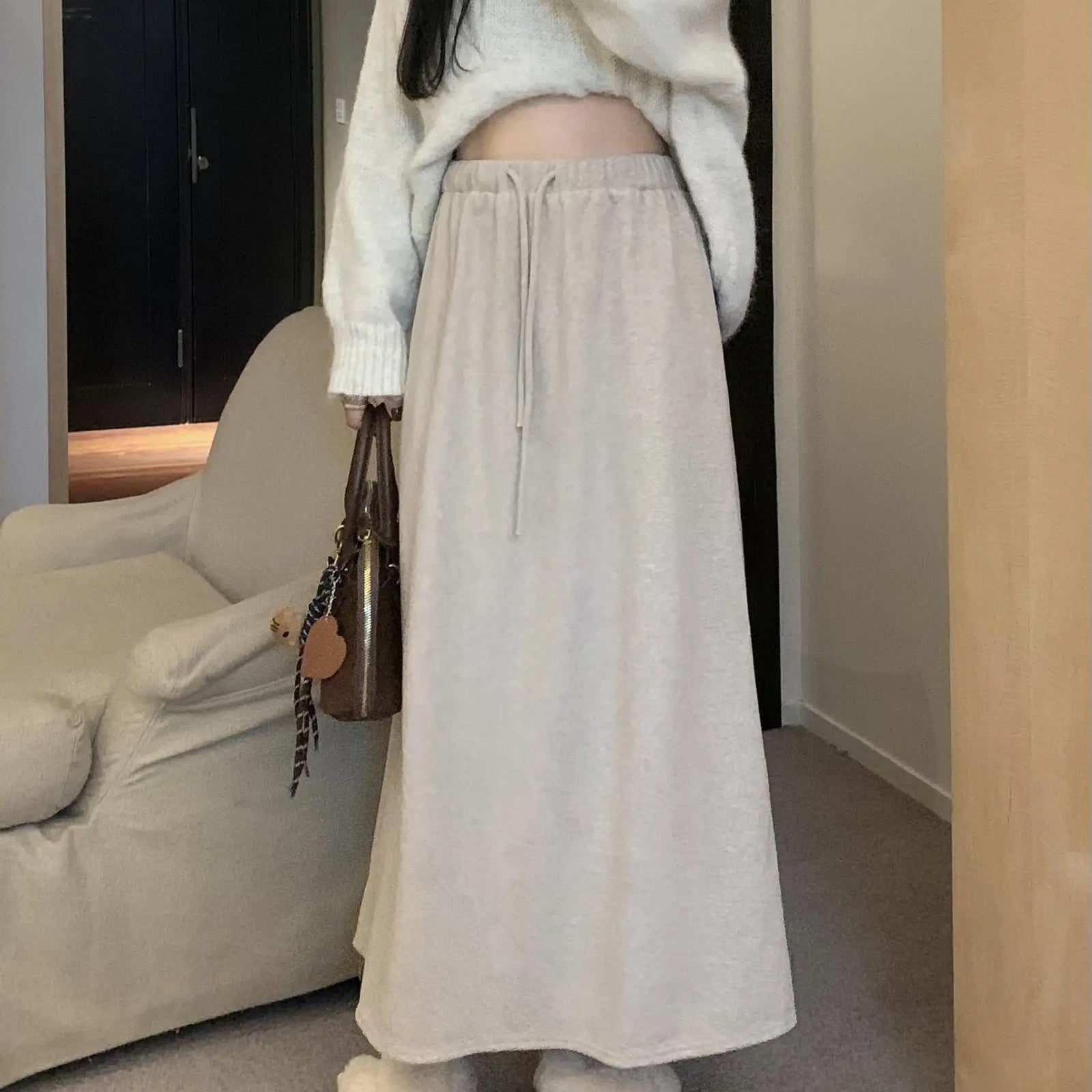 Autumn Winter New Solid Velvet High Waist Long Skirt Women Korean Fashion Elegant Vacation Drawstring Lace-up A-line Thick Skirt