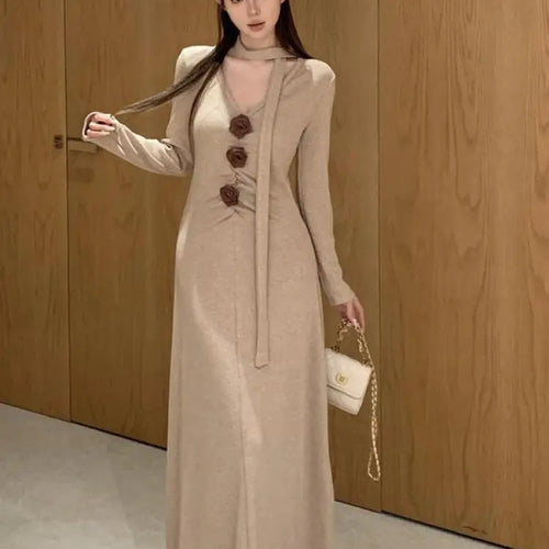 Load image into Gallery viewer, Autumn Winter 2024 New Retro Black Grey V-neck Flower Decoration Elegant Party Dress For Women Khaki Long Sleeve Pleated Dresses
