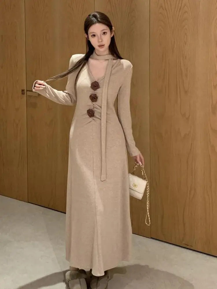 Autumn Winter 2024 New Retro Black Grey V-neck Flower Decoration Elegant Party Dress For Women Khaki Long Sleeve Pleated Dresses