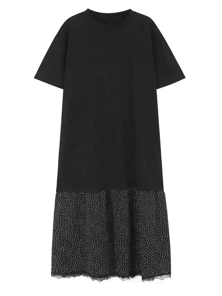 Women Gray Color-block Dot Big Size Long Elegant Dress New Round Neck Short Sleeve Fashion Spring Summer 2025  1DH6007