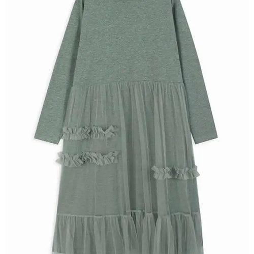 Load image into Gallery viewer, Women Black Mesh Ruffles Spliced Big Size Midi Dress New Round Neck Long Sleeve Fashion Tide Spring Autumn 2025 1DH7180
