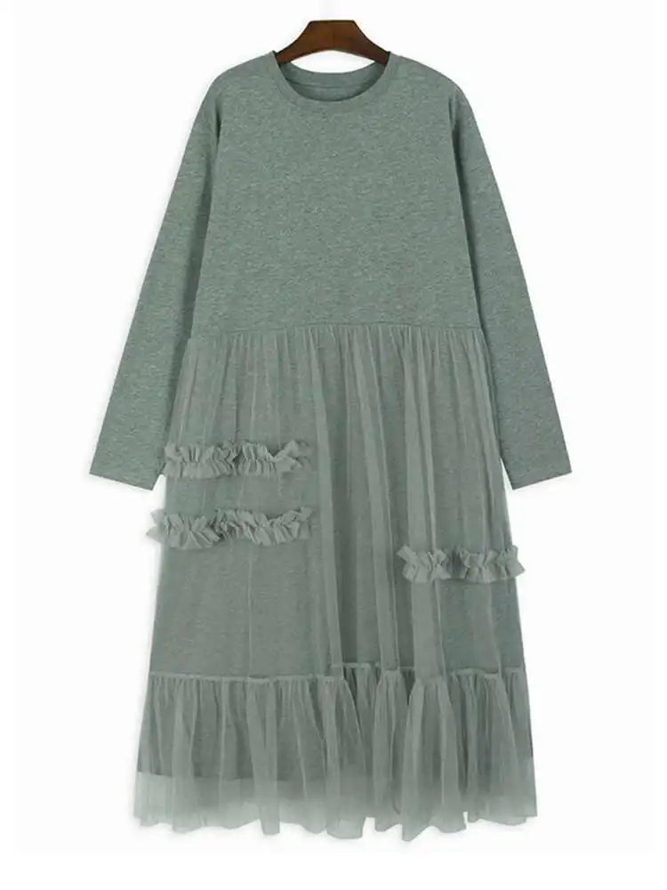 Women Black Mesh Ruffles Spliced Big Size Midi Dress New Round Neck Long Sleeve Fashion Tide Spring Autumn 2025 1DH7180