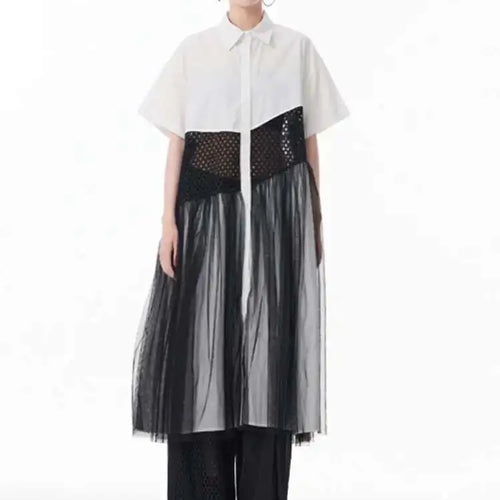 Load image into Gallery viewer, Women White Mesh Color-block Big Size Midi Shirt Dress New Lapel Short Sleeve Fashion Tide Spring Summer 2025 1DJ0045
