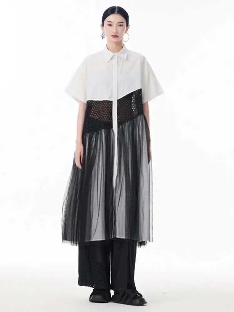 Women White Mesh Color-block Big Size Midi Shirt Dress New Lapel Short Sleeve Fashion Tide Spring Summer 2025 1DJ0045