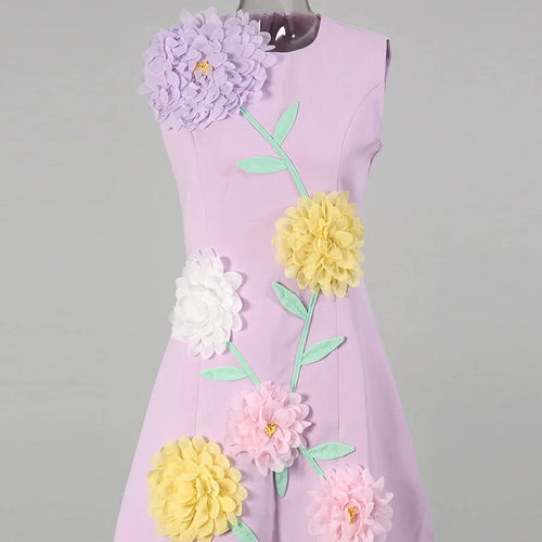 Load image into Gallery viewer, Hit Color Spliced 3D Flower Fashion Mini Dresses for Women Round Neck Sleeveless Elegant Dress Female Clothing New
