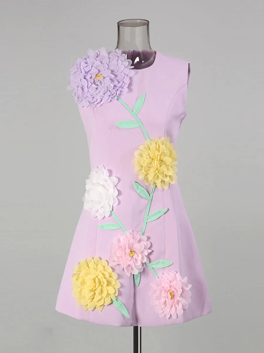 Hit Color Spliced 3D Flower Fashion Mini Dresses for Women Round Neck Sleeveless Elegant Dress Female Clothing New