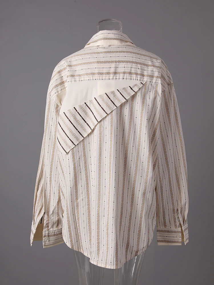 Women  Apricot Striped Irregular Big Size Blouse New Lapel Long Sleeve Shirt Fashion Tide Spring Autumn 2025 CPG3305