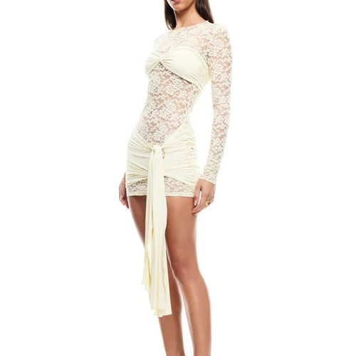 Load image into Gallery viewer, Lace See Through Draped Mini Dress Women Robe Elegant Patchwork Long Sleeve Slim Ruched Club Party Dress Clubwear
