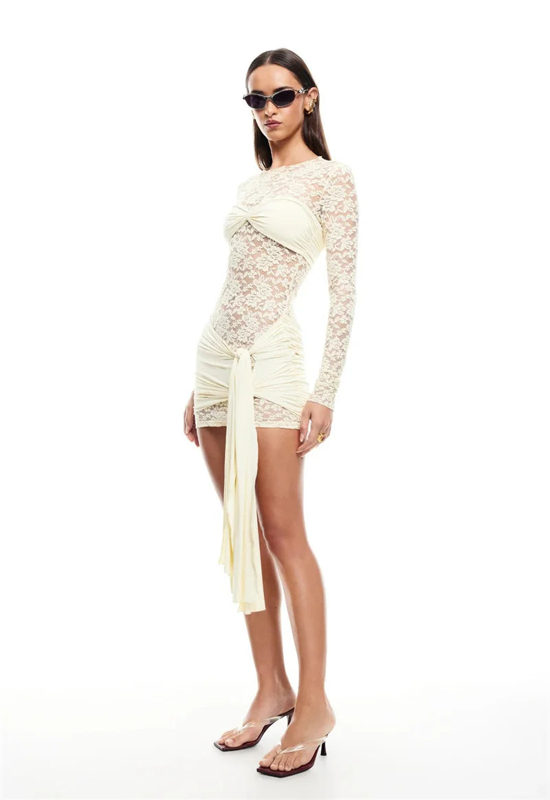 Lace See Through Draped Mini Dress Women Robe Elegant Patchwork Long Sleeve Slim Ruched Club Party Dress Clubwear