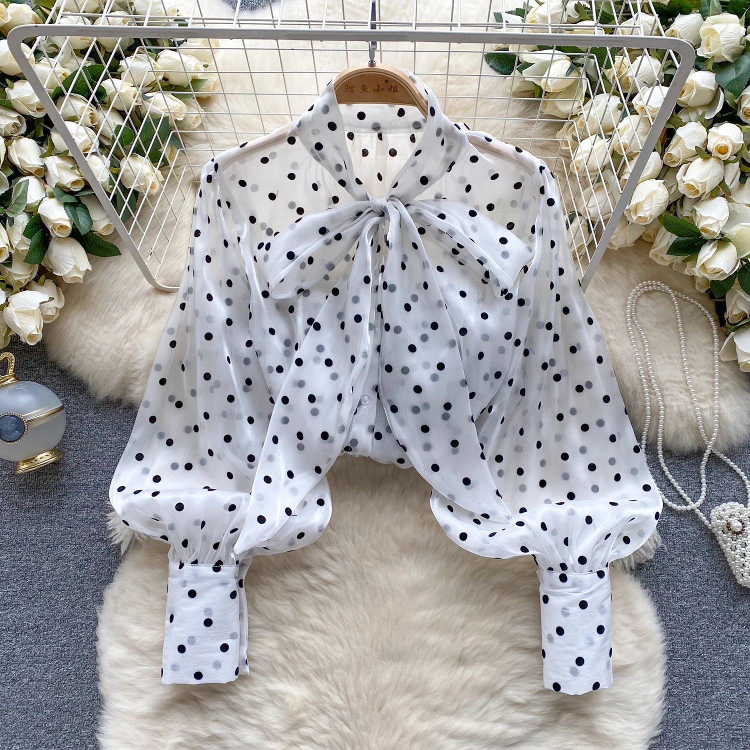 Autumn Women's Vintage Festival Polka Dots Single Breasted Shirt Elegant Sweet Bow Long Sleeve Loose Office Ladies Blouses Tops