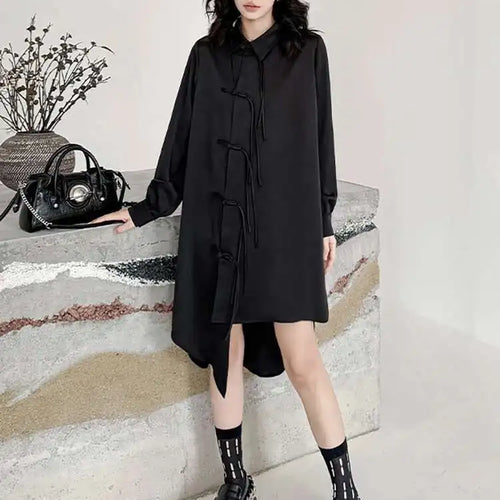 Load image into Gallery viewer, Women Black Irregular Hem Buckle Tassels Elegant Shirt Dress New Lapel Long Sleeve Fashion Tide Spring Autumn 2025 1DH4457
