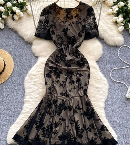 Vintage Women Black Elegant Square Neck Birthday Fishtail Evening Dress Summer High Waist Party Pleated Lace Split Long Dresses