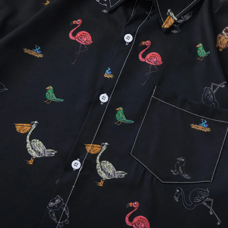 Men Hawaiian Shirts Cartoon Birds Graphic Printed Button Up Short Sleeve Beach Blouse Summer Harajuku Casual Baggy Shirt Tops