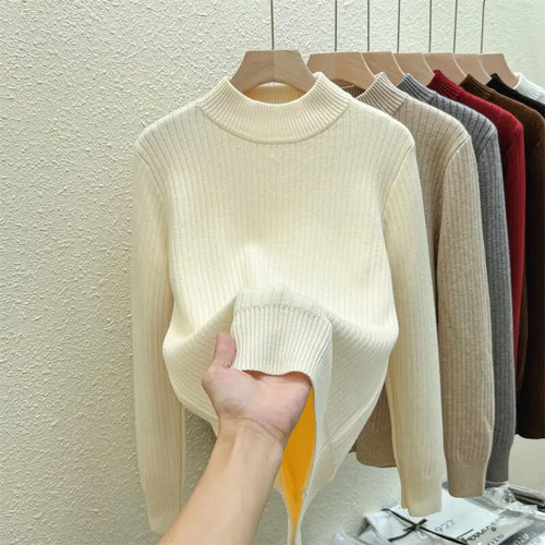 Load image into Gallery viewer, Autumn Winter Korean Fashion Solid Half High Neck Velvet Knitted Sweater Women Warm Long Sleeve Pullovers Top Versatile Clothing
