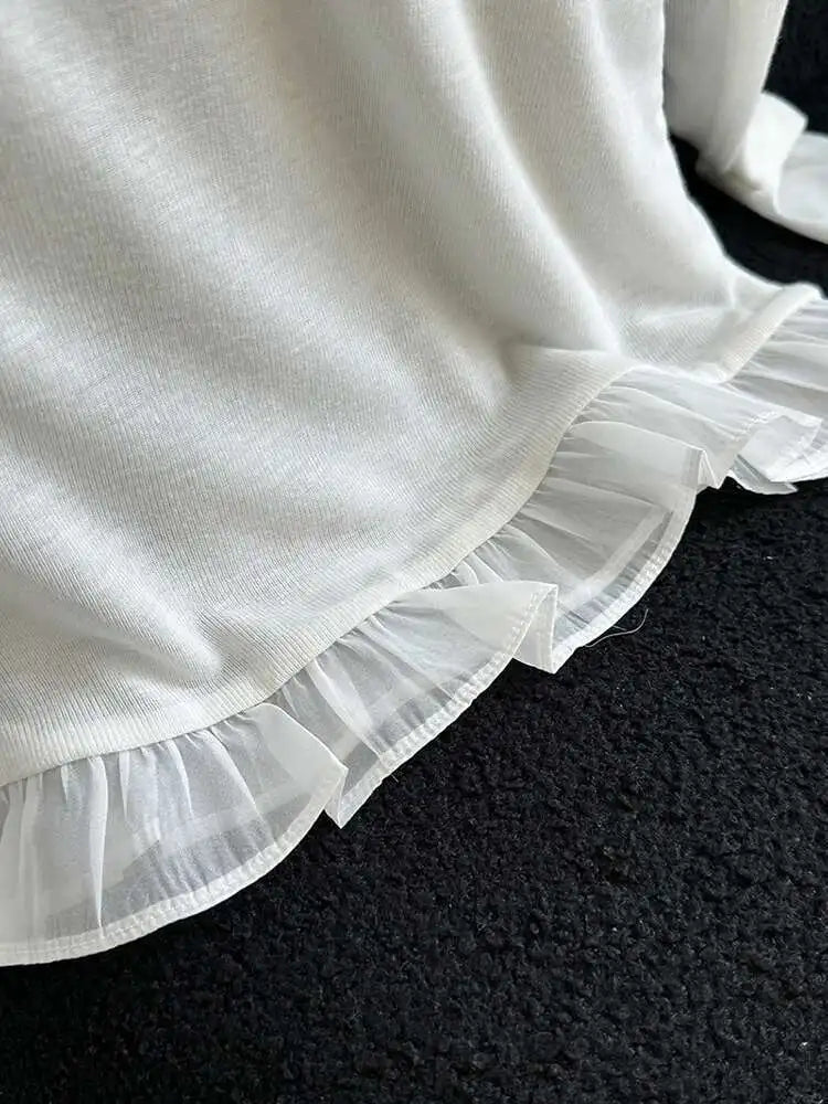 Women Black White Plain Color Ruffles Hem Thin T-shirt New Round Neck Long Sleeve Fashion Tide Spring Autumn 2025 1DJ0815