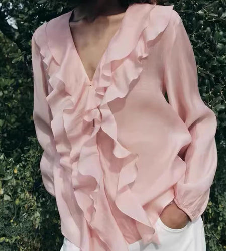 Solid Spliced Ruffles Folds Casual Shirts for Women V Neck Long Sleeves Patchwork Single Breasted Shirt Female New