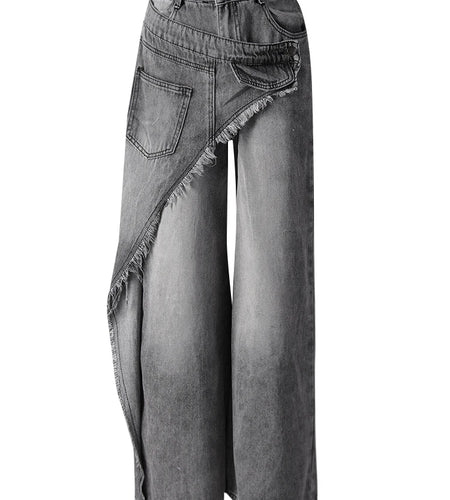 High Waist Light Gray Irregular Burr Denim Wide Leg Jeans New Women Trousers Fashion Tide Spring Autumn 2025 CPG3158