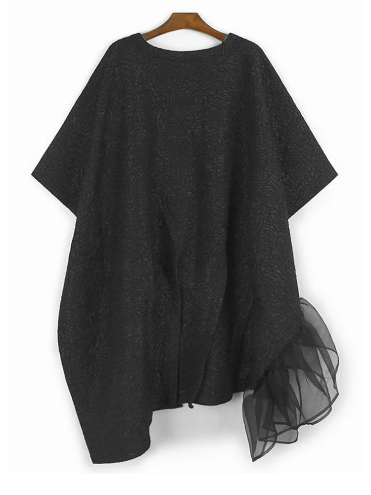 Women Black Three-dimensional Flower Big Size Midi Dress New Round Neck Half Sleeve Fashion Spring Autumn 2025  1DJ1104