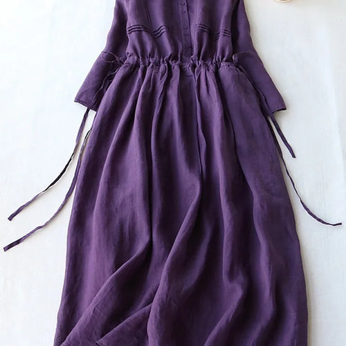 Load image into Gallery viewer, Summer Elegant Dress Women Casual Medium Long Simple Style Vintage Dresses Female Draw String Sash Loose Shirt Dress Elegant
