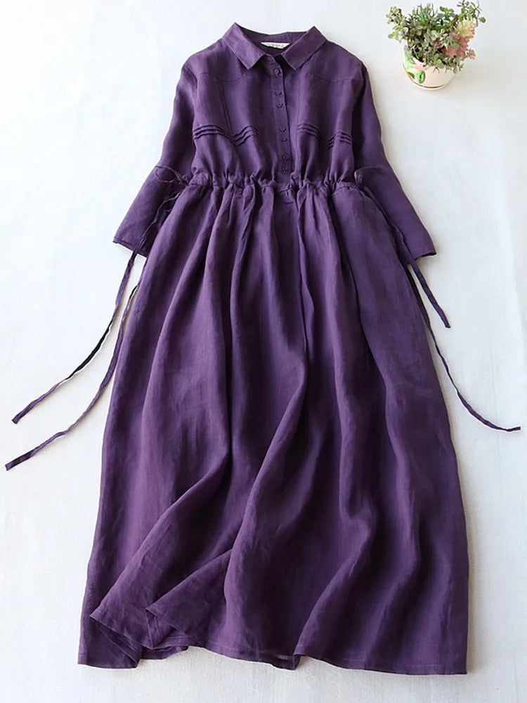Summer Elegant Dress Women Casual Medium Long Simple Style Vintage Dresses Female Draw String Sash Loose Shirt Dress Elegant