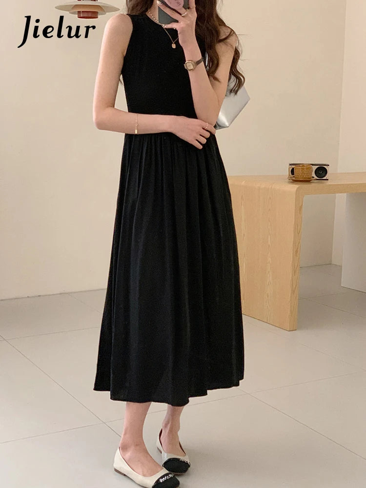 Solid Color Slim Casual Women's Dresses Black Sleeveless O-neck Summer Fashion Dress Party Club Hepburn Style Tank Dress