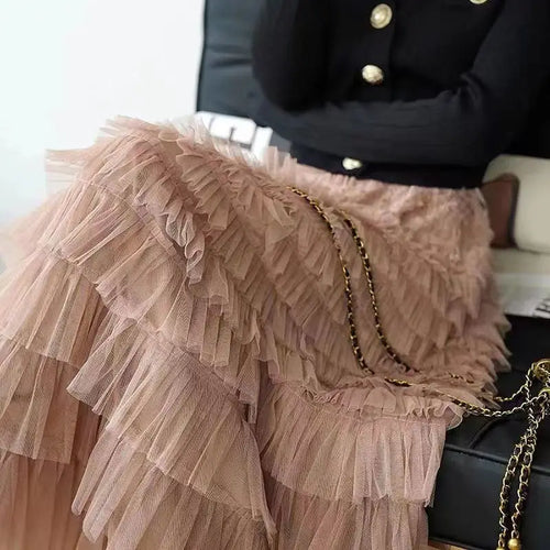 Load image into Gallery viewer, Solid Mesh Cake Skirts Women Elegant Cascading Ruffles A Line Long Skirt Female Casual Elastic Waist Party Princess Skirt French
