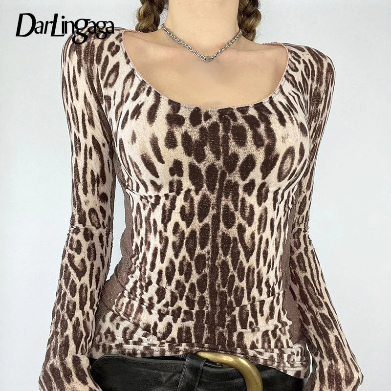 Vintage Leopard Printing Autumn T-shirts For Women Lace Patchwork Skinny Square Neck Top Tees Y2K Aesthetics Clothes