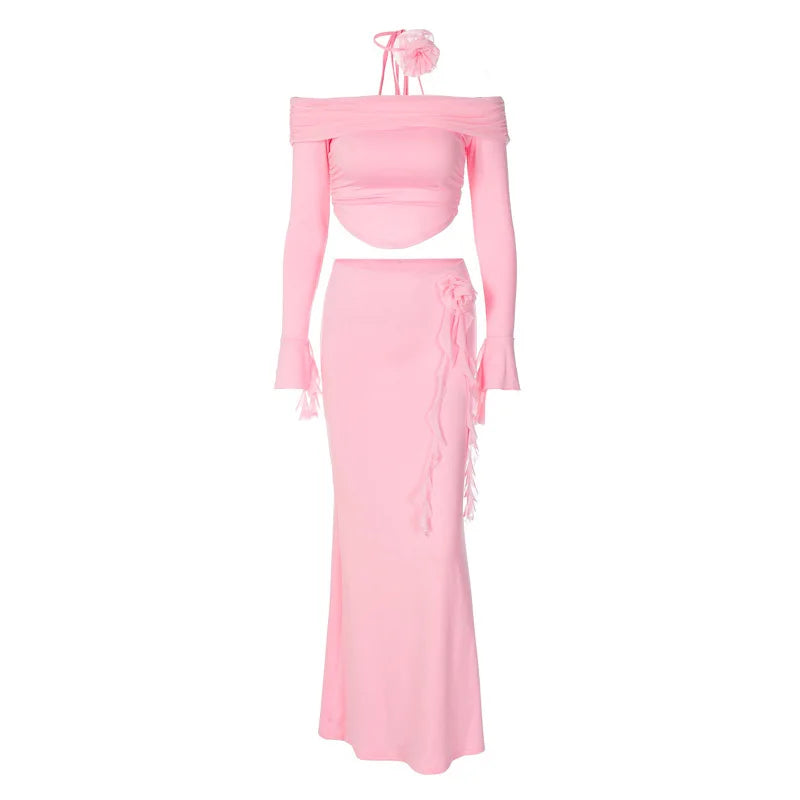 Elegant Halter 3D Flower Two Piece Sets Women Fashion Off-shoulder Tops And Maxi Skirt Matching Sets Bodycon Sexy Dress