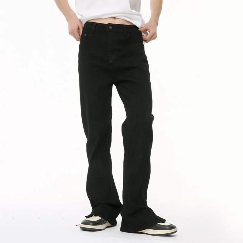 Summer Male Denim Loose Pants Slit Slim Trousers Straight Wid Leg Casual Jeans Solid Color High Street 9C6383