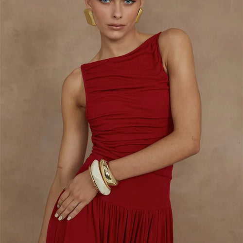 Load image into Gallery viewer, Elegant Sleeveless Maxi Dress For Women Fashion Solid Boat Neck Tank Dresses Ladies Sexy Ruched Long Dress New Gown
