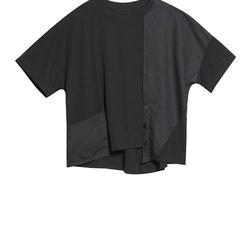 Load image into Gallery viewer, Women Black Pocket Irregular Spliced Big Size T-shirt New Round Neck Short Sleeve Fashion Tide Spring Summer 2025 1DJ1740
