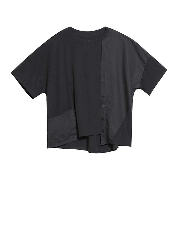 Women Black Pocket Irregular Spliced Big Size T-shirt New Round Neck Short Sleeve Fashion Tide Spring Summer 2025 1DJ1740