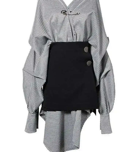 Women Black Plaid Irregular Stitch Big Size Dress New V-Neck Long Sleeve Loose Fit Fashion Tide Spring Autumn 2025 JG892