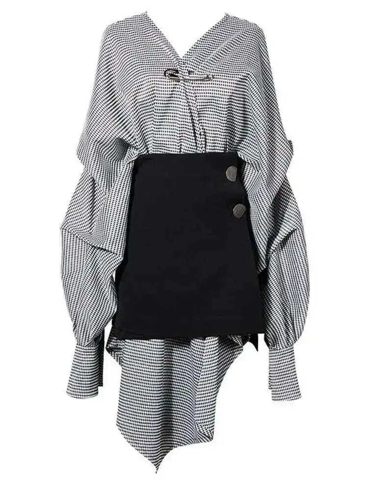 Women Black Plaid Irregular Stitch Big Size Dress New V-Neck Long Sleeve Loose Fit Fashion Tide Spring Autumn 2025 JG892